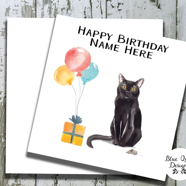 Black Cat with Balloons Watercolour Print Personalised Birthday Card