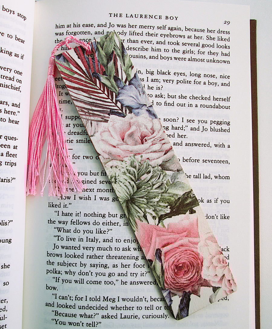 Cottage chic floral wood decoupage bookmark with tassel