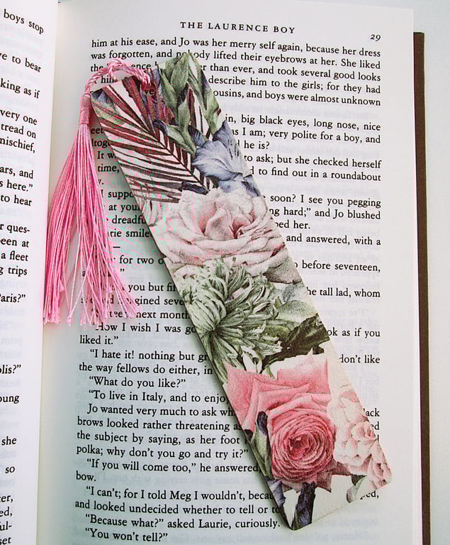 Cottage chic floral wood decoupage bookmark with tassel