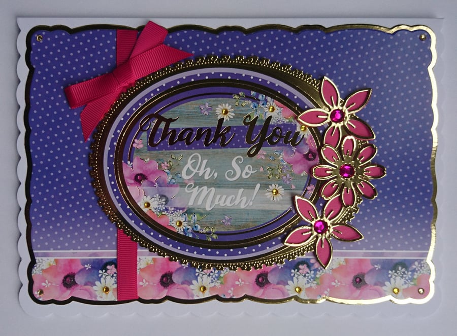 Handmade Card Thank You Oh So Much! Pink and Gold Foiled Flowers