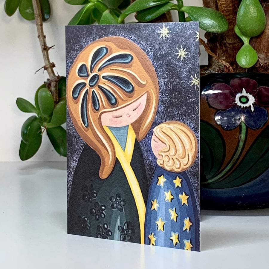 Mother and Child, Cute Japanese Kokeshi Doll inspired Art Print Greetings Card