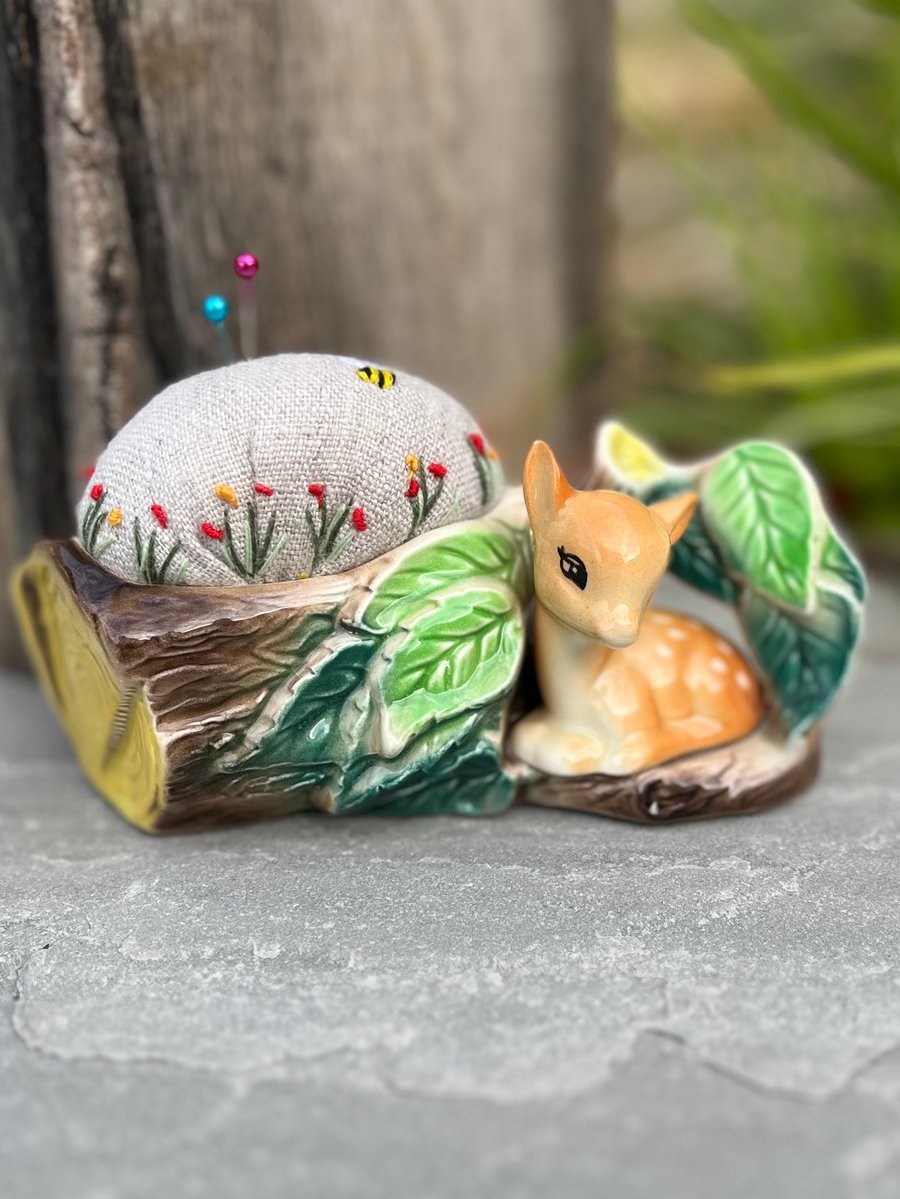 Hornsea deer pincushion embroidered flowers and bee