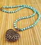 Shimmery blue and green bead necklace with copper heart pendant - 1001085 - Image 5