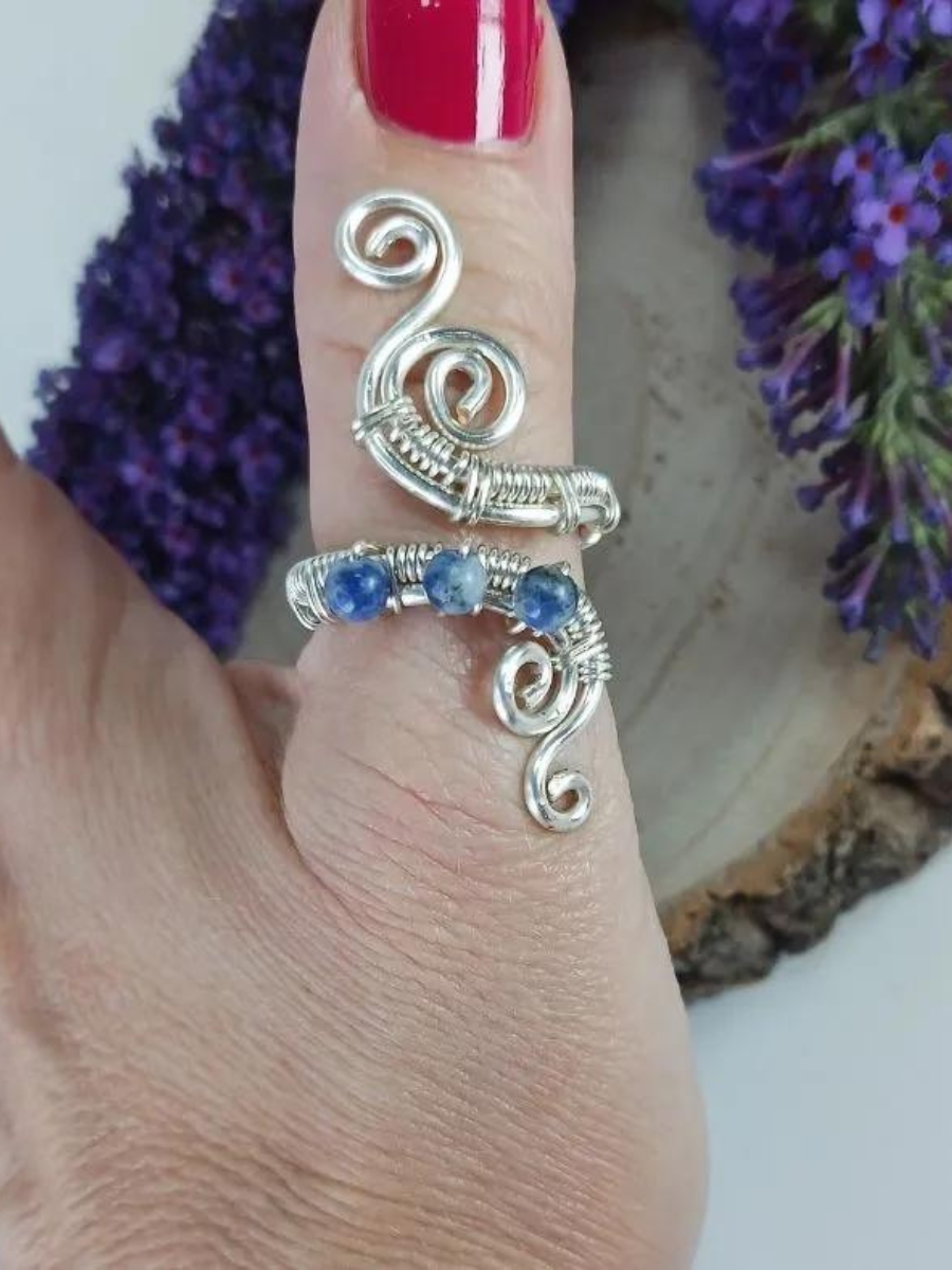 Sodalite Wire Work Adjustable Thumb Ring with Silver-Tone Wire