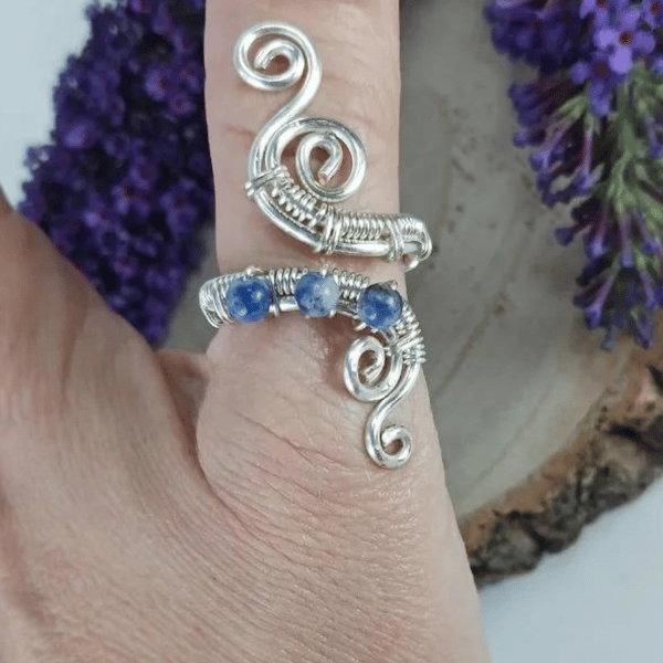 Sodalite Wire Work Adjustable Thumb Ring with Silver-Tone Wire