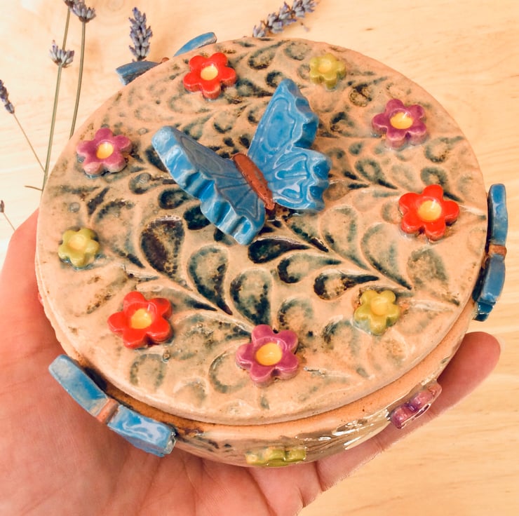 Ceramic jewellery box with flowers and butterfl... Folksy