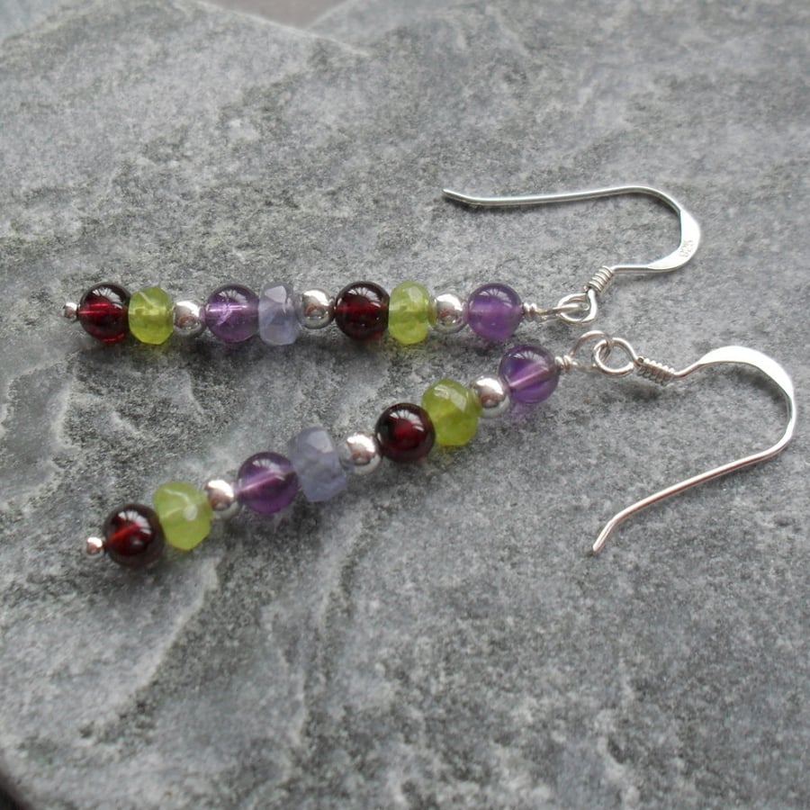 Sterling Silver Peridot Garnet Amethyst and Tanzanite Drop Earrings