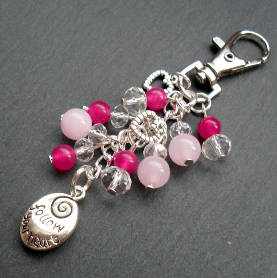 Follow Your Heart Bag Charm Pink and Silver Tone