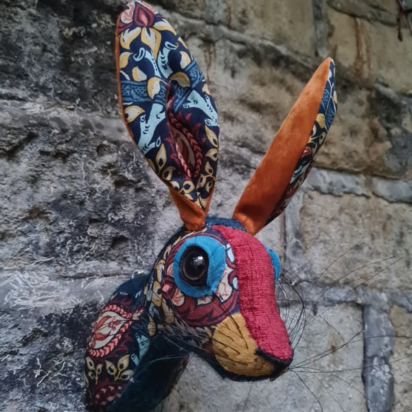 Faux hare head wall mount in William Morris fabric