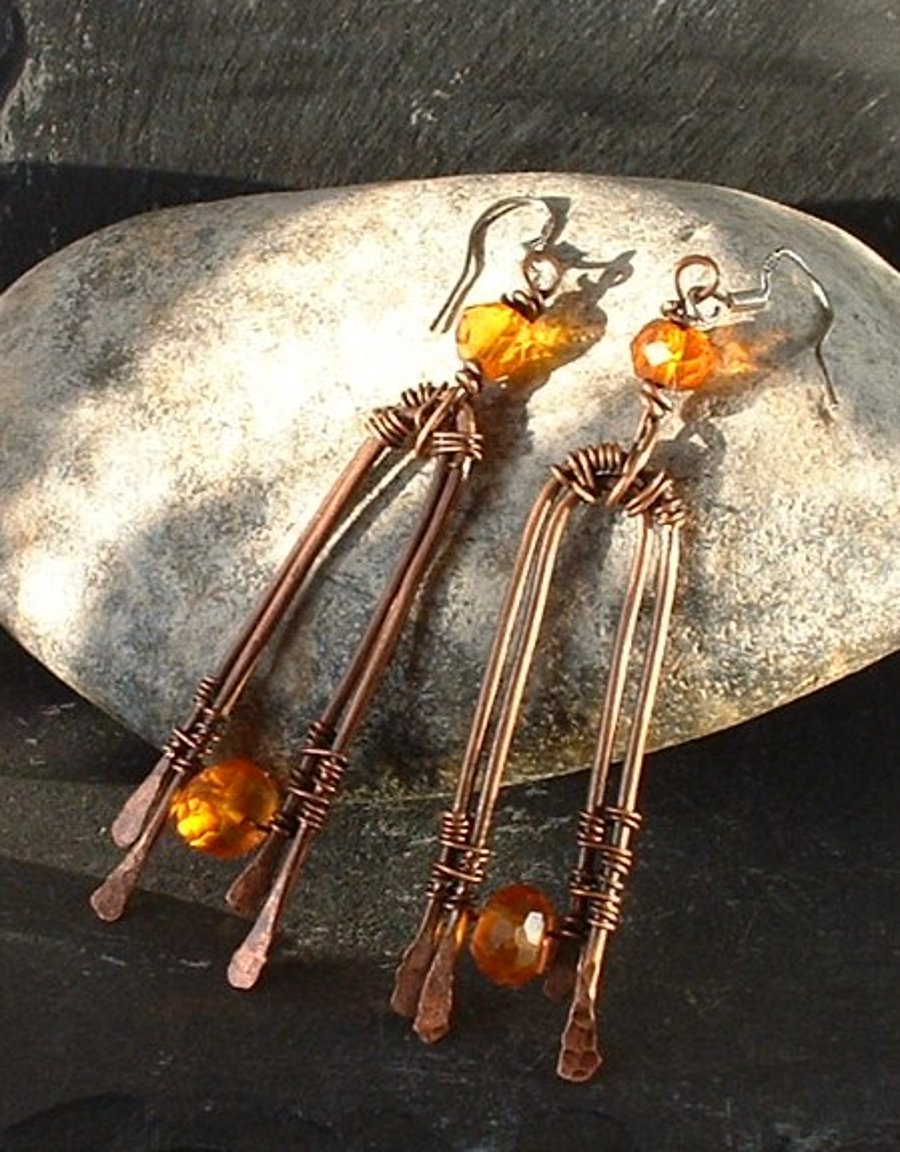 "Sunlight" Rustic Copper Wire Earrings with Vintage Facetted Amber Beads