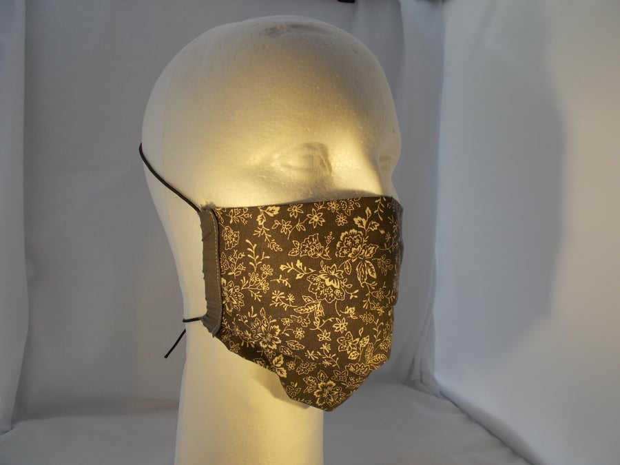 Adult Fabric Face Covering - Dark Grey with Cream Flowers