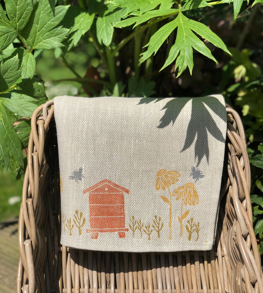 Hand Printed Linen Tea Towel-Honey Bees