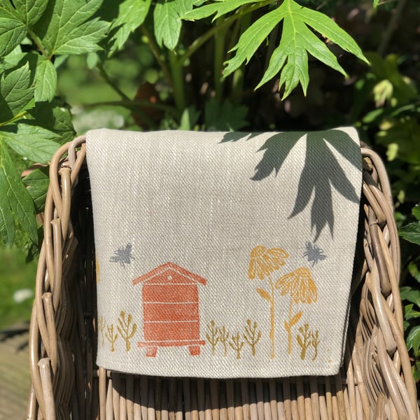 Hand Printed Linen Tea Towel-Honey Bees