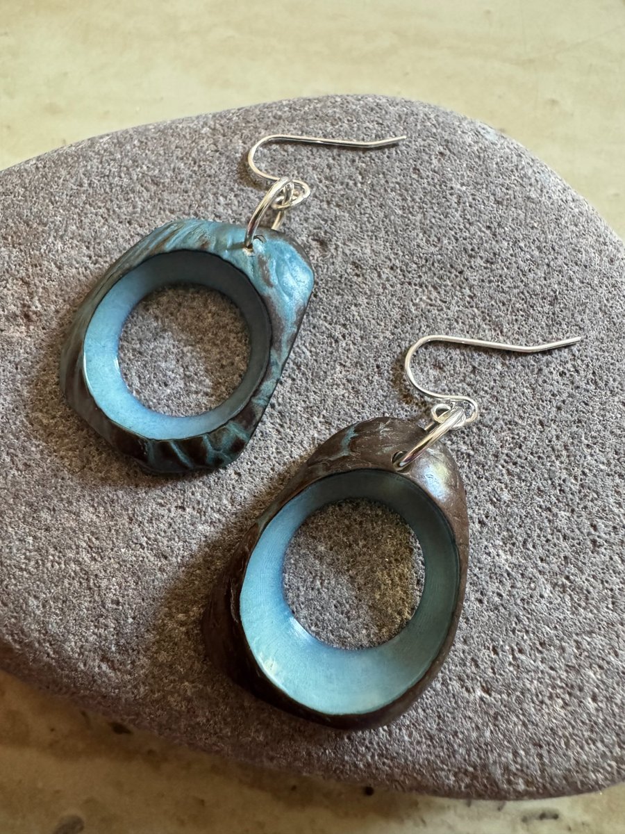 Blue Hoop Tagua nut BoHo dangle earrings