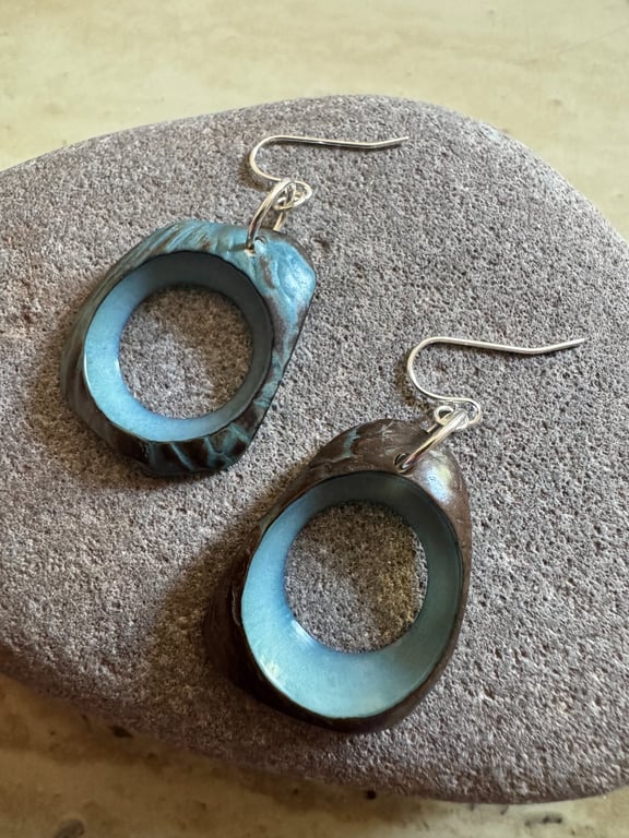 Blue Hoop Tagua nut BoHo dangle earrings