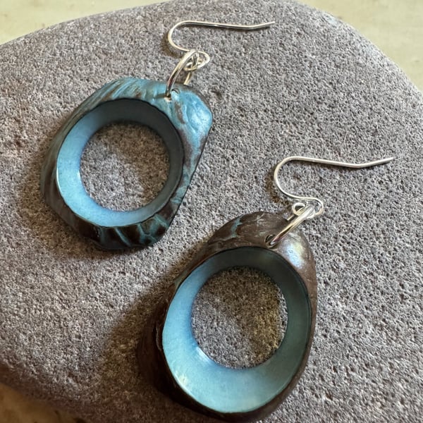 Blue Hoop Tagua nut BoHo dangle earrings