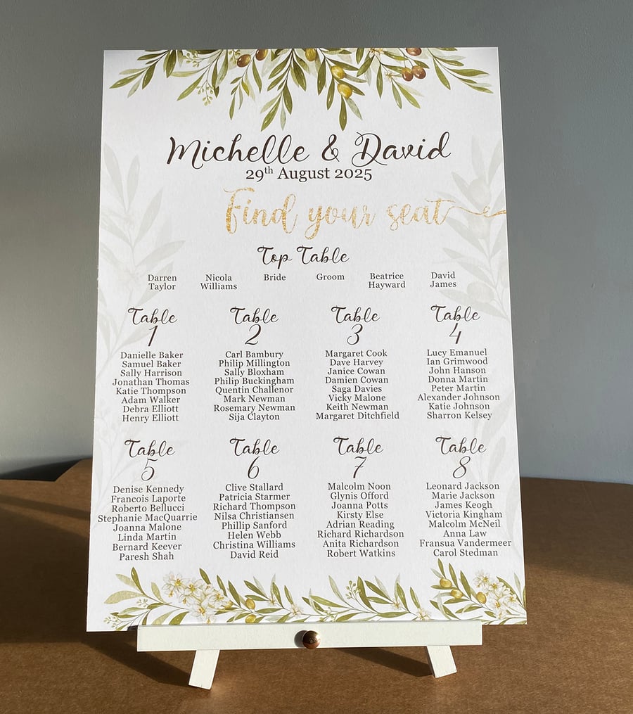 Olives WEDDING table PLAN seating card golden leaves foliage flowers