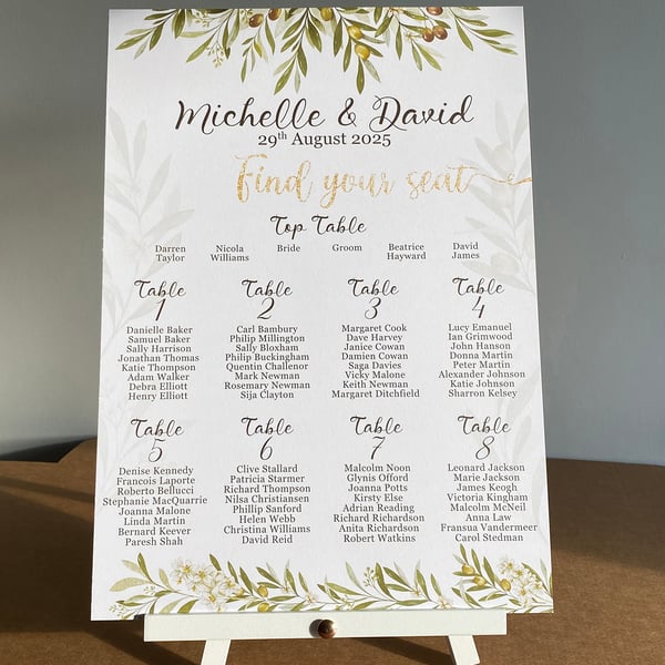 Olives WEDDING table PLAN seating card golden leaves foliage flowers