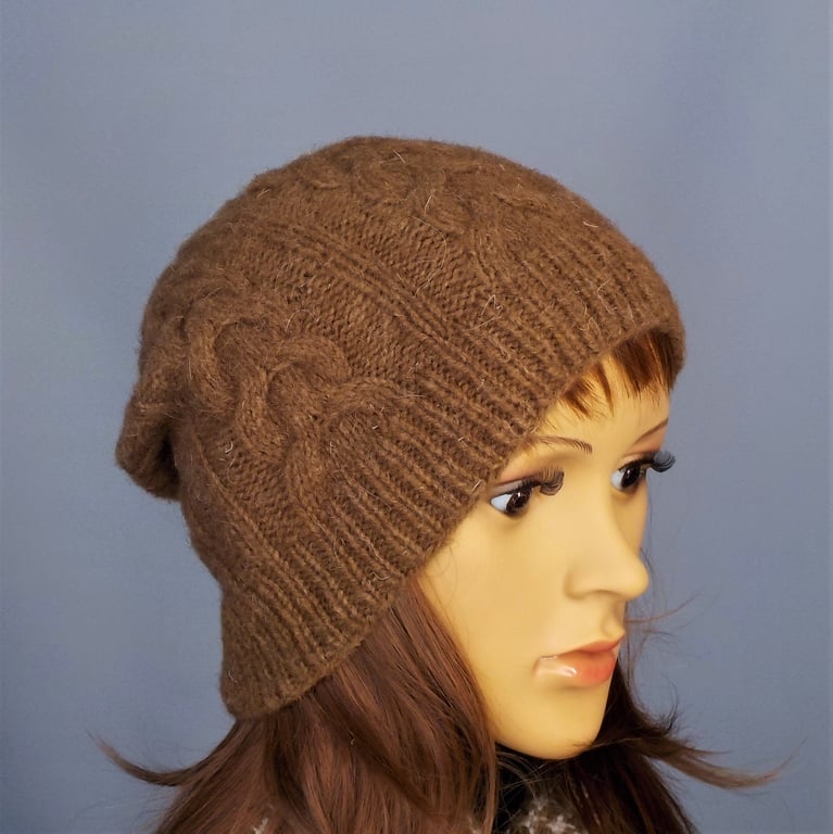 Castlemilk Moorit beanie hat brown British rare breed wool cable design