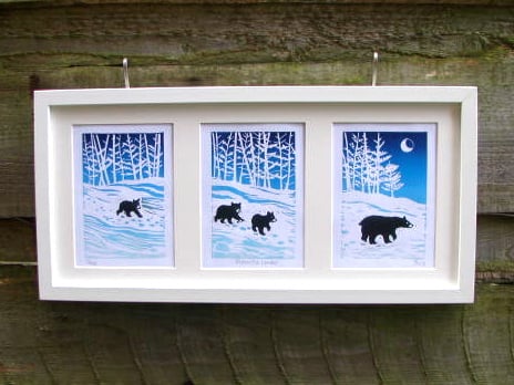 'Follow the Leader' Mother bear and cubs lino print triptych