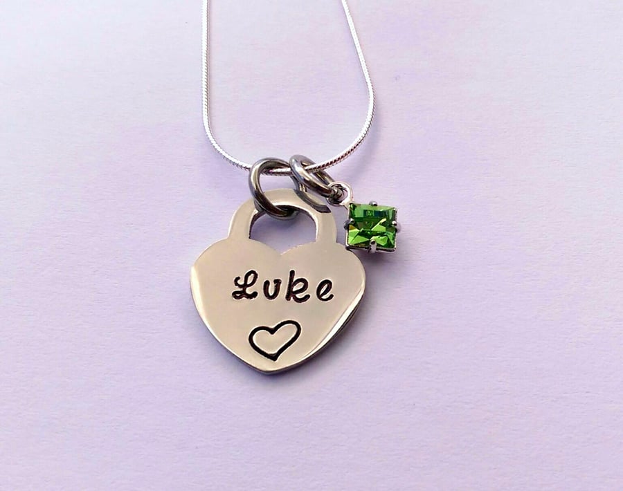 Hand stamped personalised heart pendant with square birthstone crystal