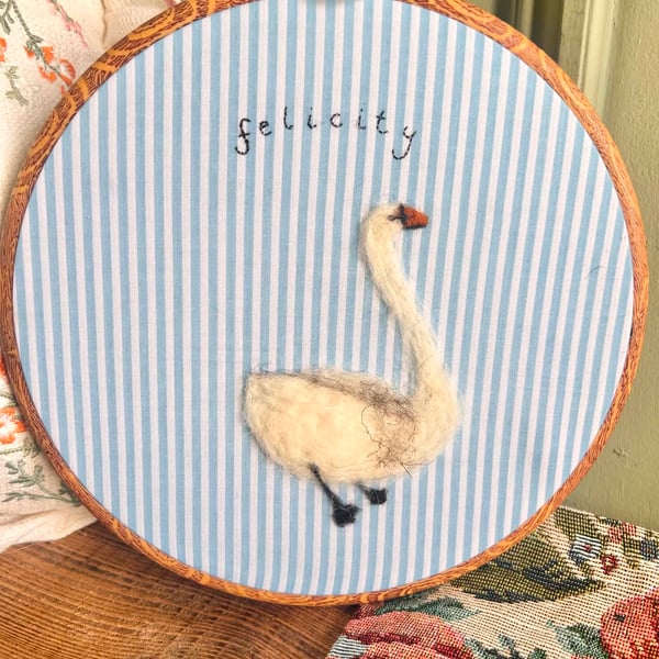 Handmade Needlefelt Swan Personalised Wall Art, Wall Decor, Wall Hanging 