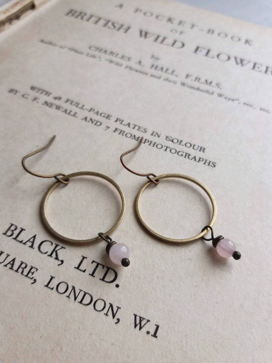 Golden Hoops with Rose Quartz - drop earrings - pale pink gem stones and brass