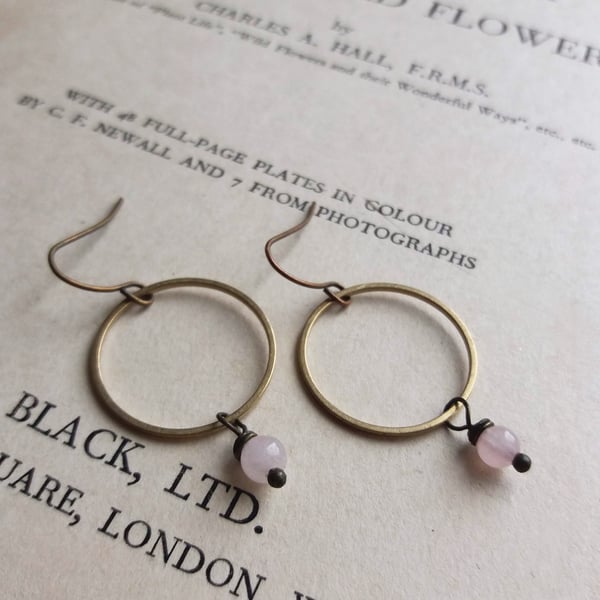 Golden Hoops with Rose Quartz - drop earrings - pale pink gem stones and brass