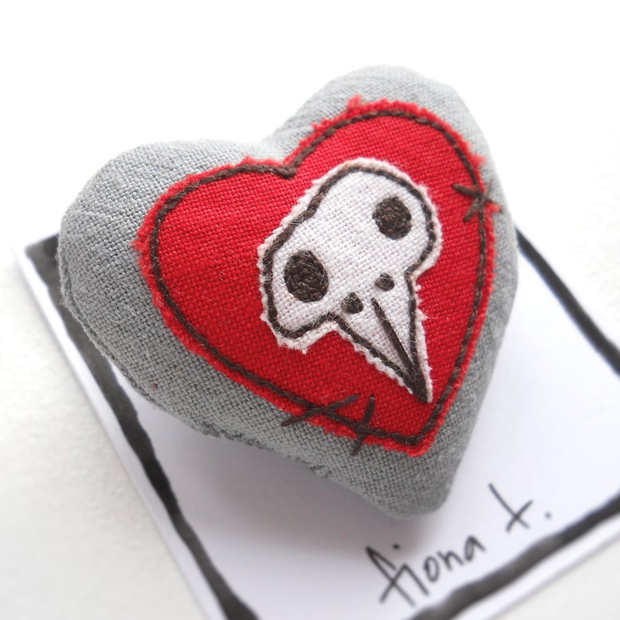 freehand embroidered chicken skull heart textile brooch red