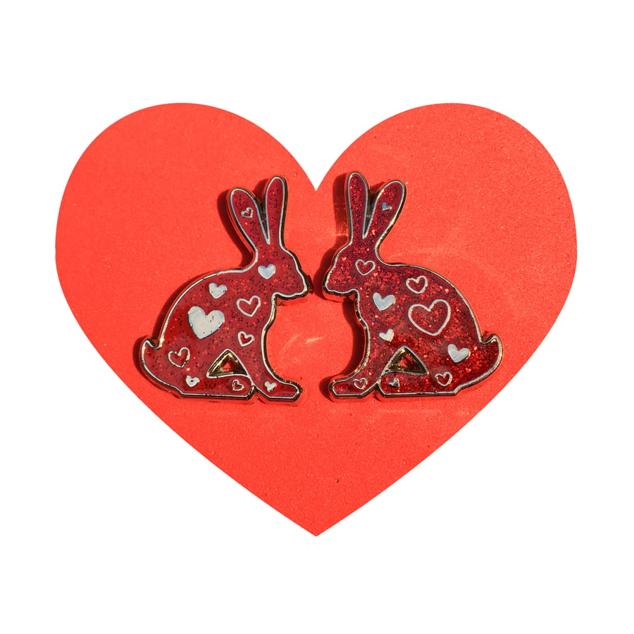 Love Bunny Enamel Pin Badge Brooch with Red Glitter Hearts