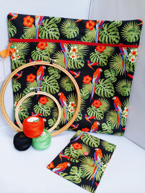 Project Bag, Cross Stitch, Embroidery and Accessory Purse featuring Parrots