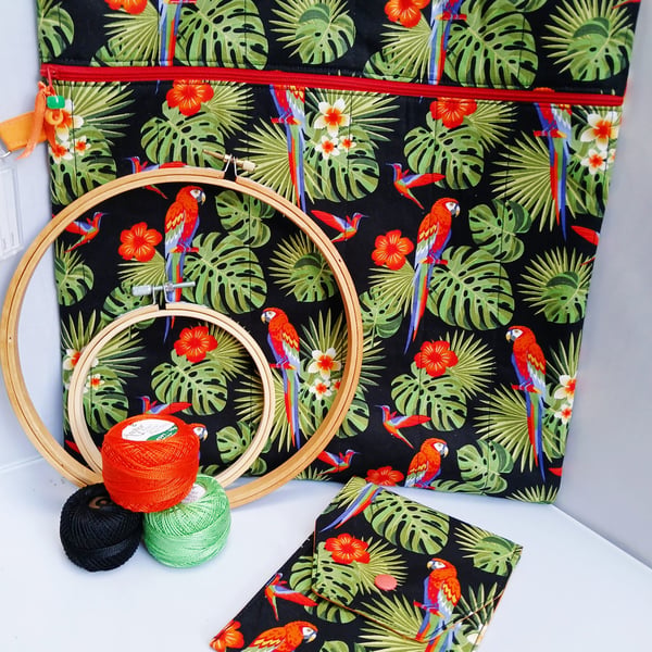 Project Bag, Cross Stitch, Embroidery and Accessory Purse featuring Parrots