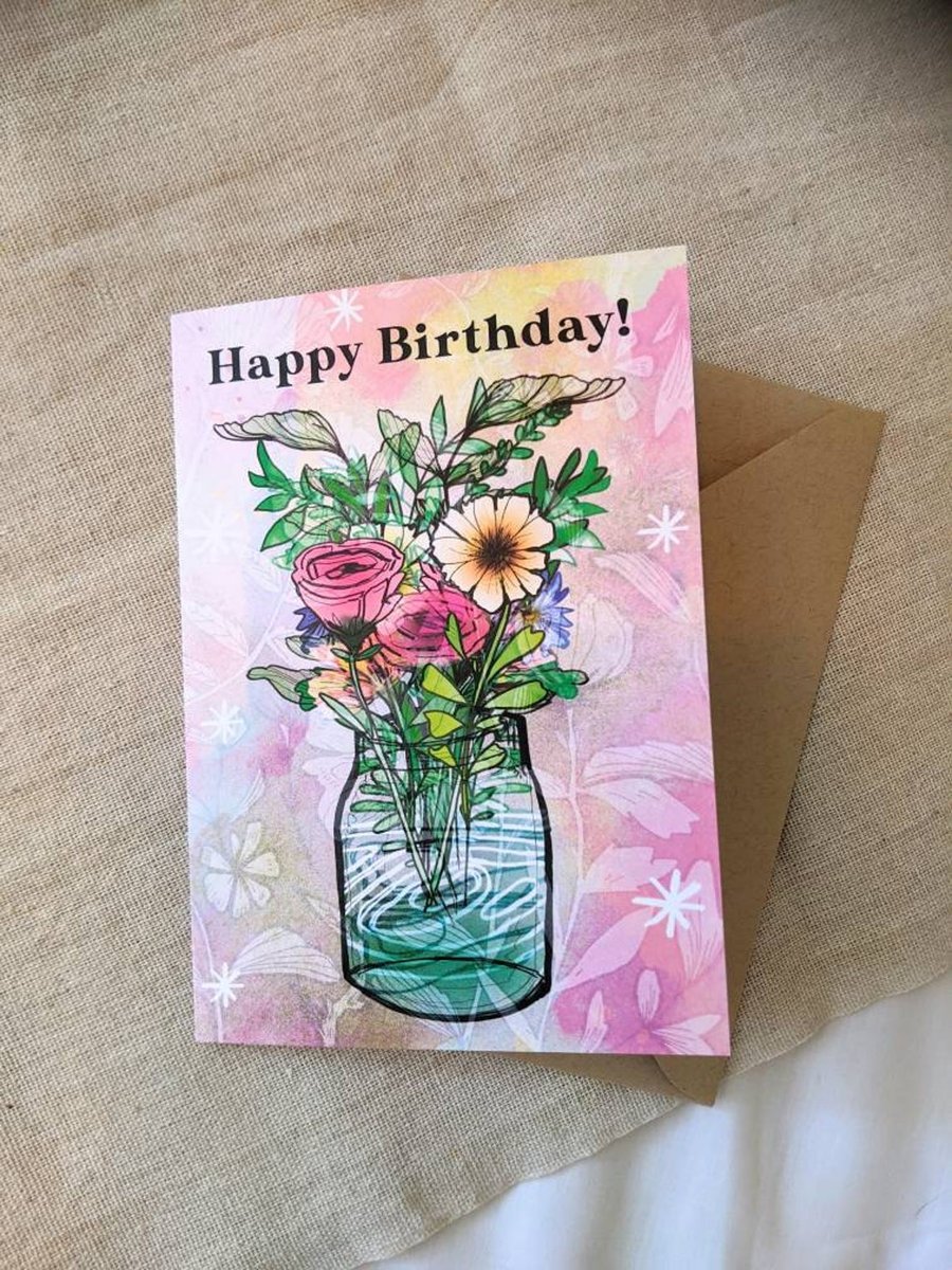 Happy Birthday Bouquet of Flowers Illustrated Card