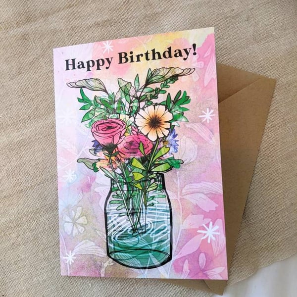 Happy Birthday Bouquet of Flowers Illustrated Card
