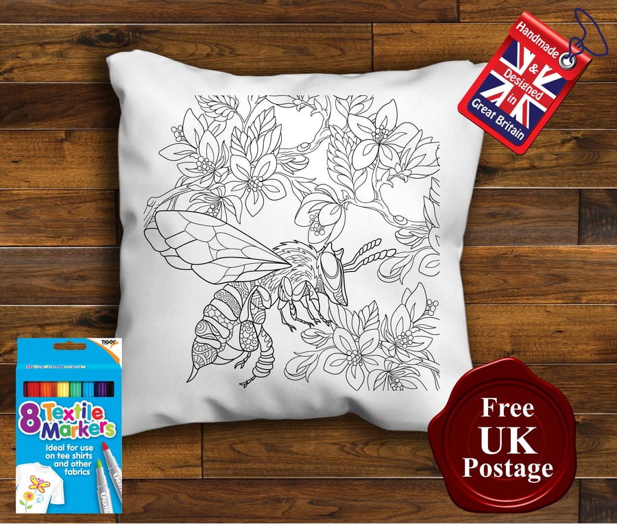 Bumble Bee Colouring Cushion Cover, With or Without Fabric Pens Choose Your Size