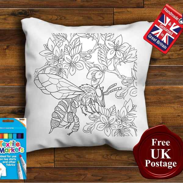 Bumble Bee Colouring Cushion Cover, With or Without Fabric Pens Choose Your Size