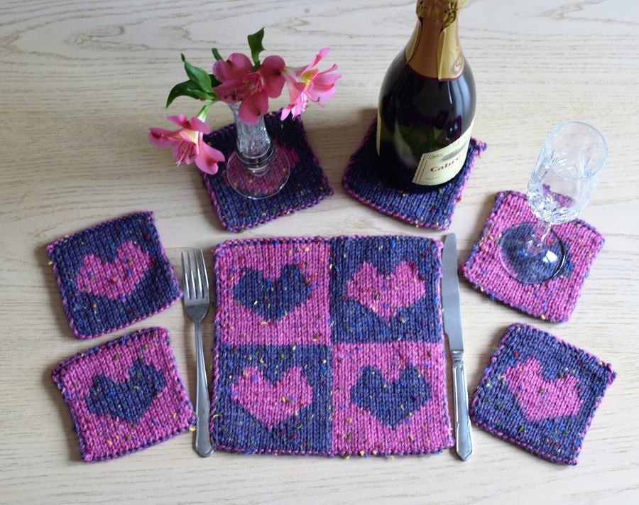 Knitting Pattern for Heart Coasters and Table Mat.  Digital Pattern