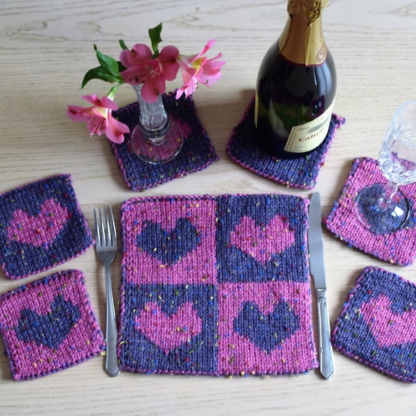 Knitting Pattern for Heart Coasters and Table Mat.  Digital Pattern