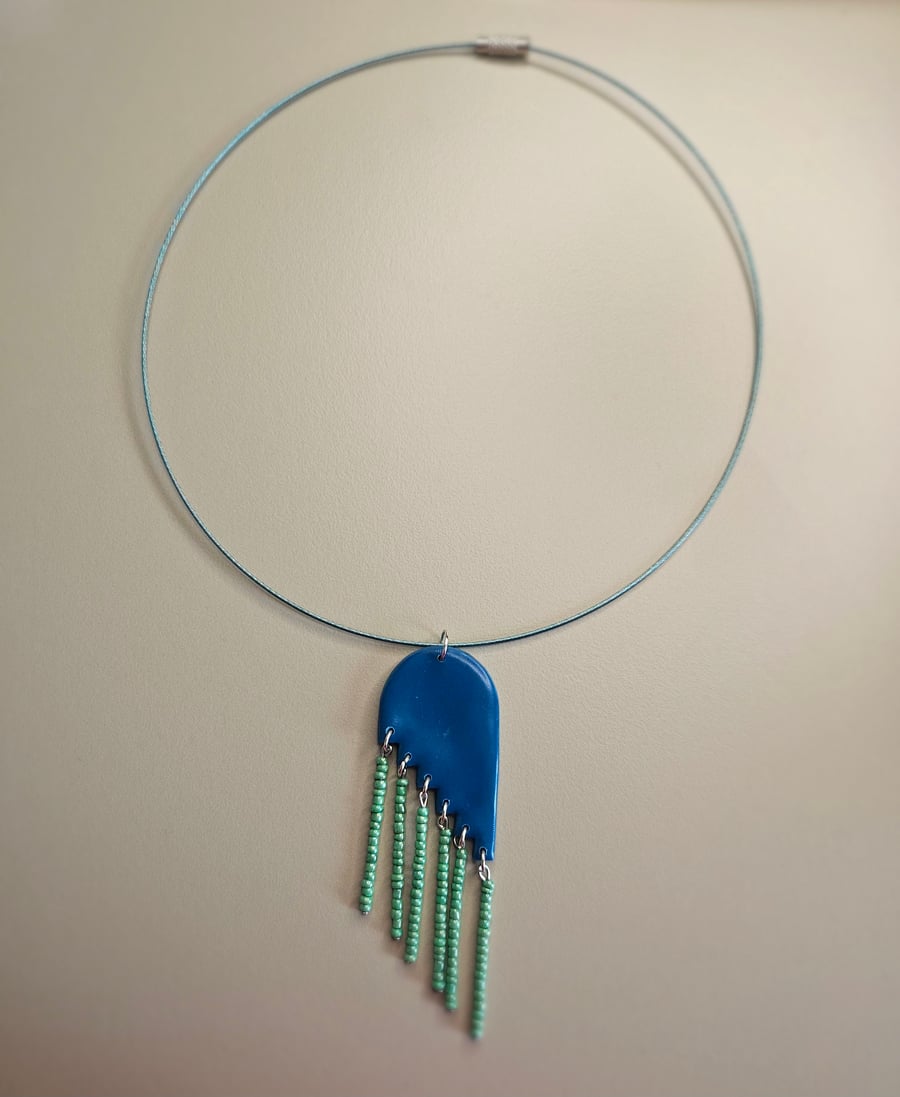 Turquoise polymer clay and beaded pendant chocker