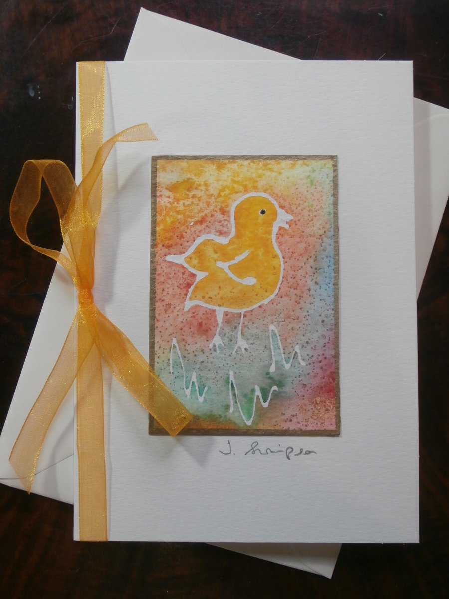 Hand painted (not printed) Easter Chicken watercolour card.
