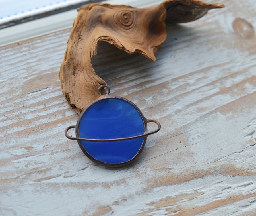 Handmade Stained Glass Planet Pendant Blue
