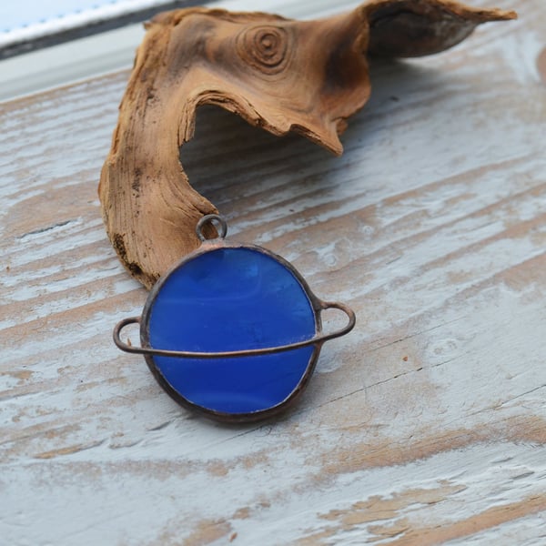 Handmade Stained Glass Planet Pendant Blue
