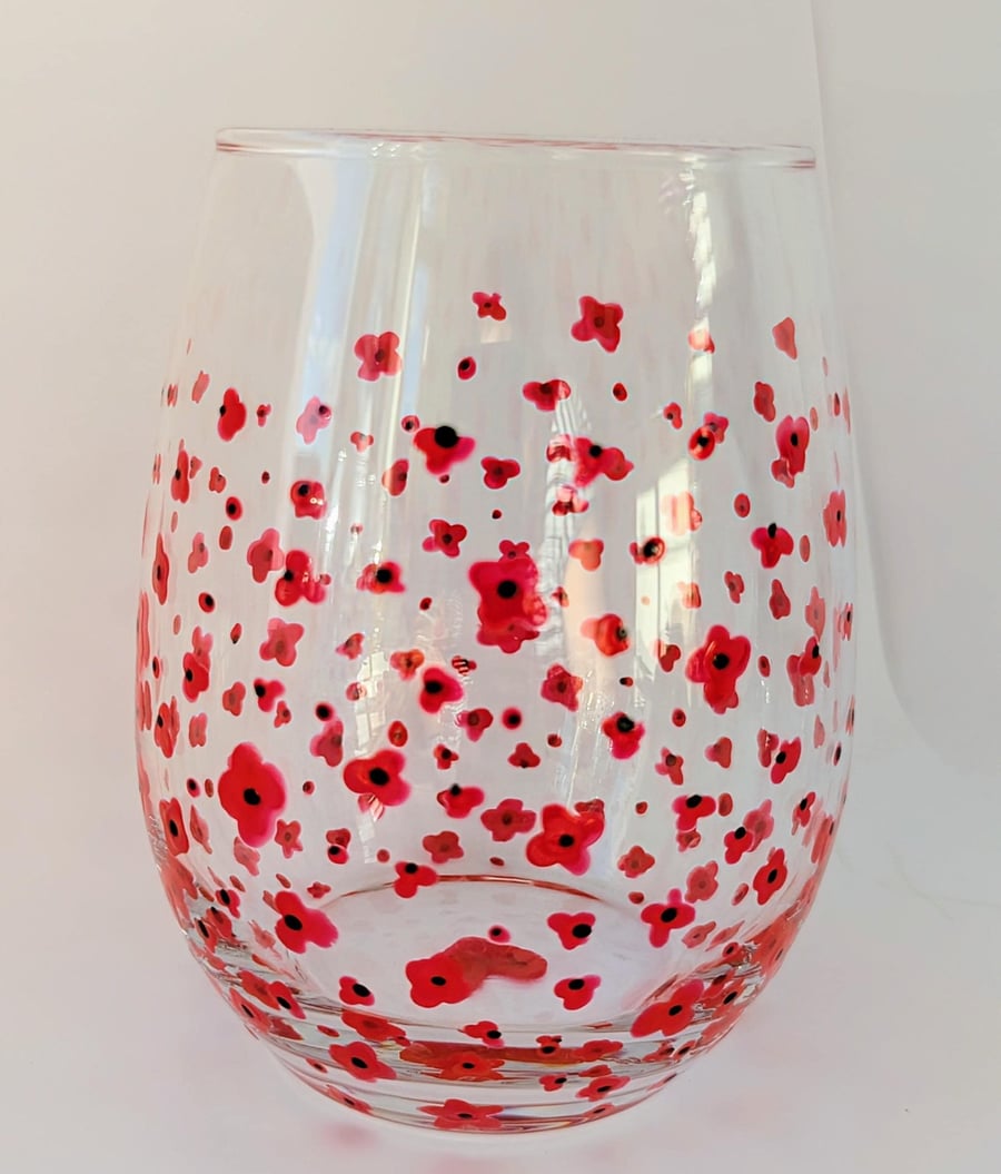 Hand Painted Stemless Wine Glass; Poppy