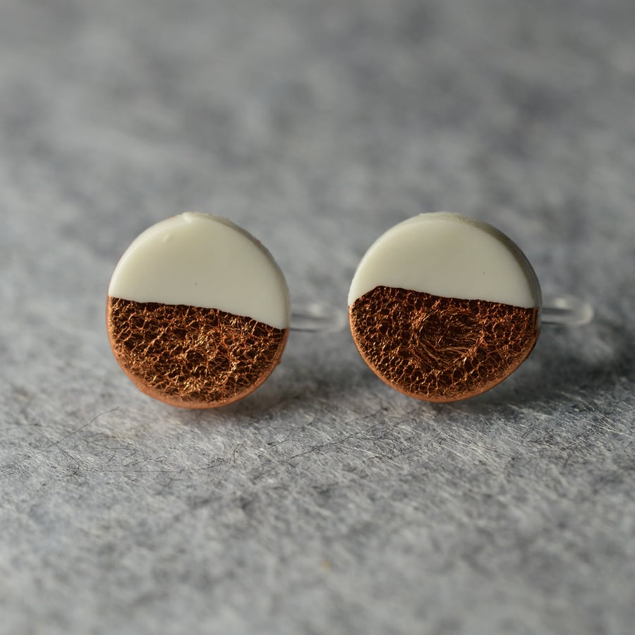White And Copper Polymer Clay Clip On Earrings 