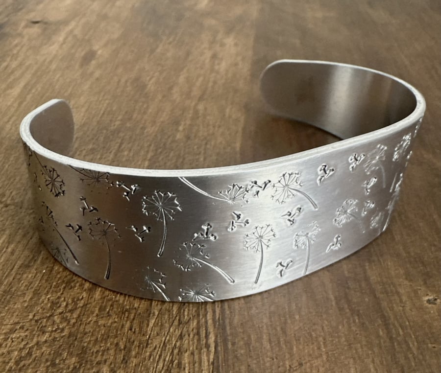 Dandelion Seed Head Wide Cuff Aluminium Bracelet