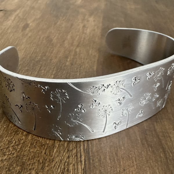 Dandelion Seed Head Wide Cuff Aluminium Bracelet