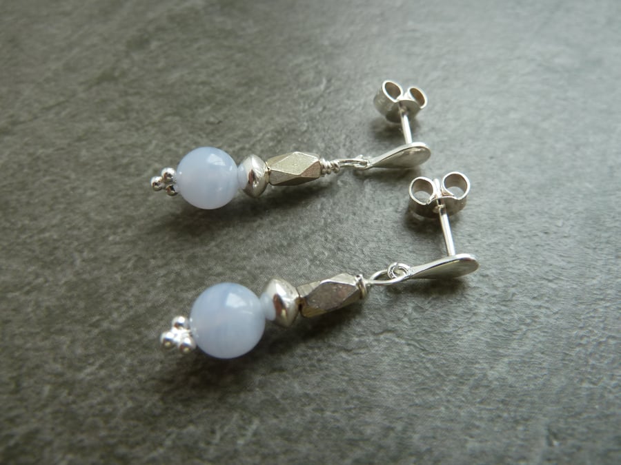 sterling silver earrings studs, blue lace agate