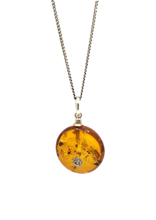 Genuine cognac baltic amber pendant necklace with cubic zirconia crystal