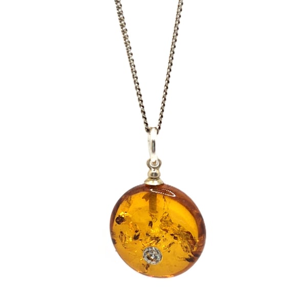 Genuine cognac baltic amber pendant necklace with cubic zirconia crystal