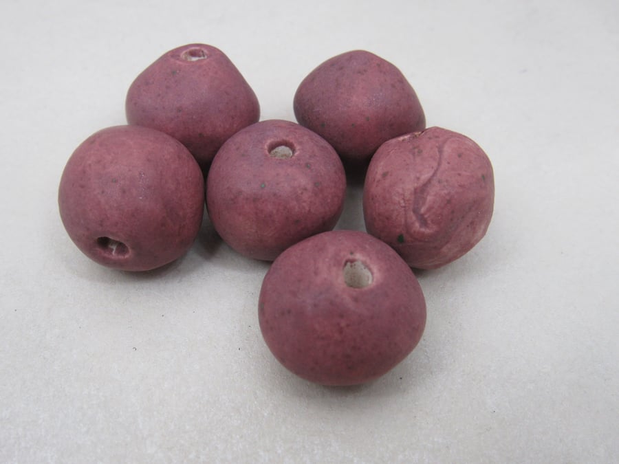 6 Medium Speckled Damson Purple Glazed Clay Beads